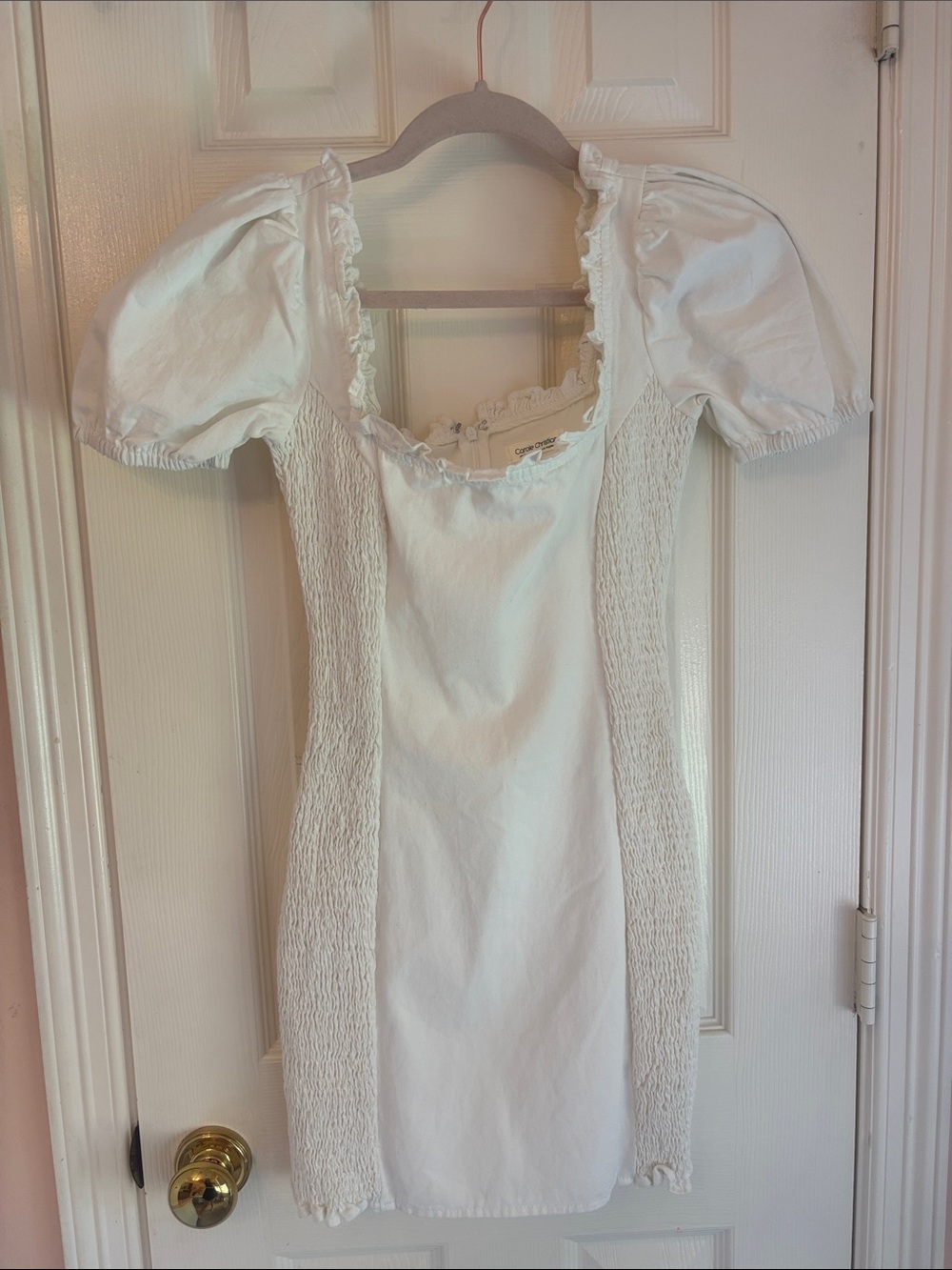 Carole Christian White Puff Sleeve Smocked Side Mini Dress